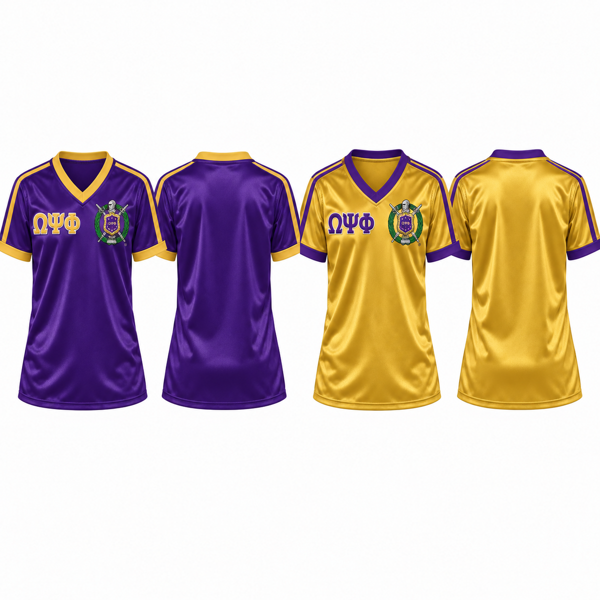 Omega Psi Phi purple and old gold satin football jerseys in both colorways, shown from front and back
