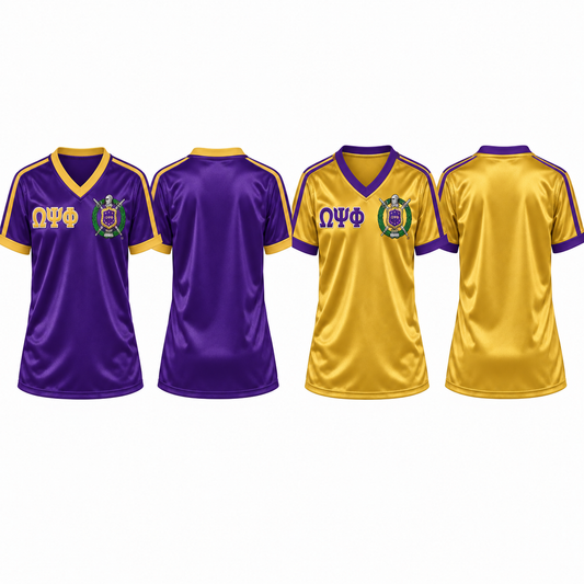 Omega Psi Phi purple and old gold satin football jerseys in both colorways, shown from front and back