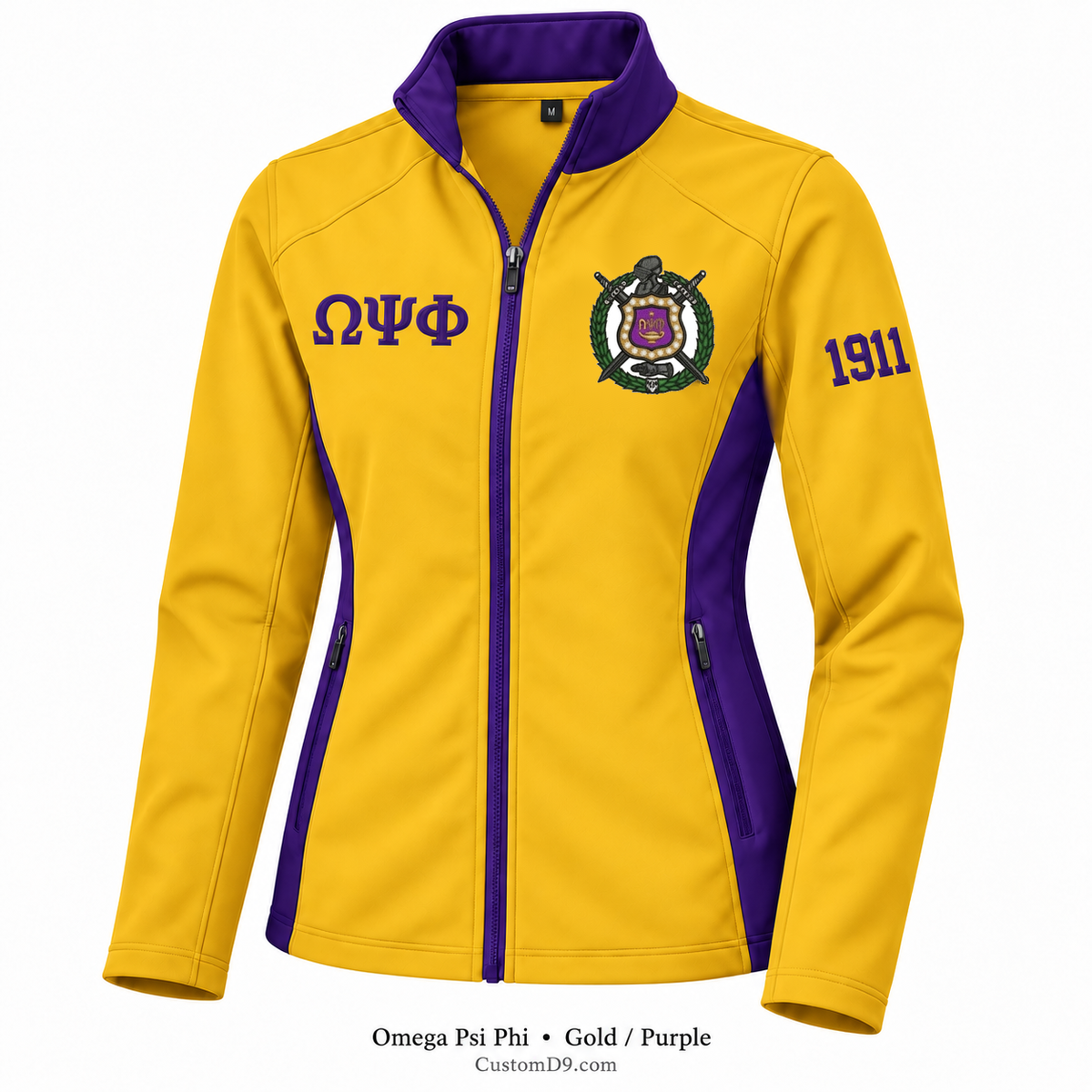 Omega Psi Phi gold and purple softshell jacket with crest, Greek letters, and 1911 sleeve embroidery