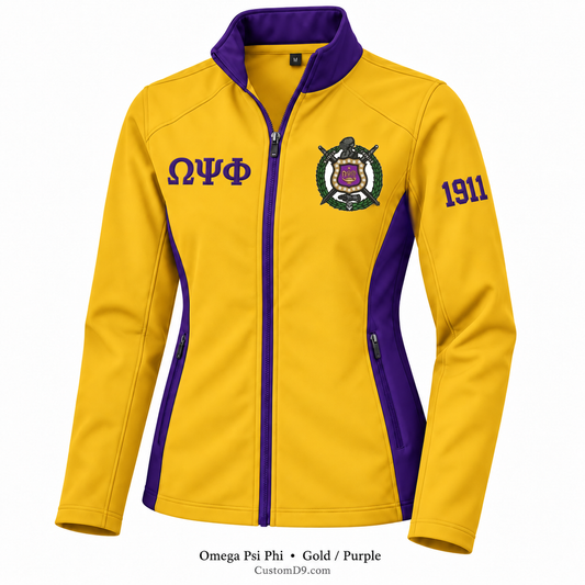 Omega Psi Phi gold and purple softshell jacket with crest, Greek letters, and 1911 sleeve embroidery