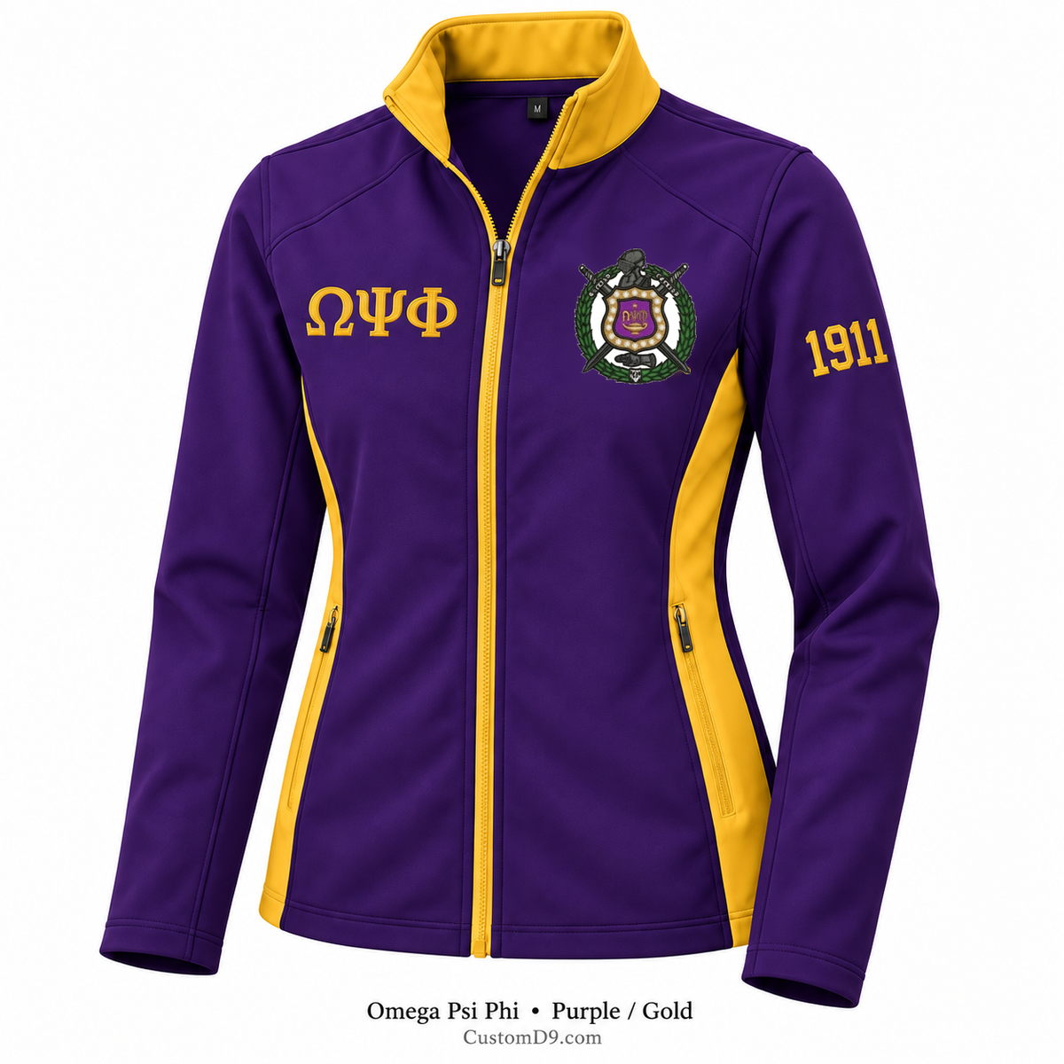 Omega Psi Phi purple and gold softshell jacket with crest, Greek letters, and 1911 sleeve embroidery