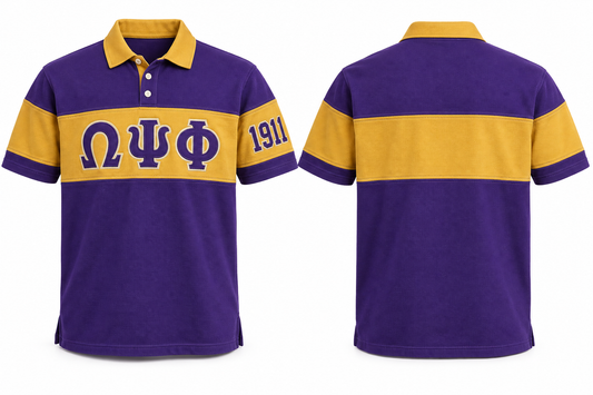 Omega Psi Phi royal purple and old gold sewn-panel rugby polo front and back