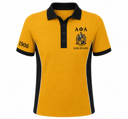 Alpha Phi Alpha old gold and black panel polo product view with Greek letters, crest, and 1906 embroidery