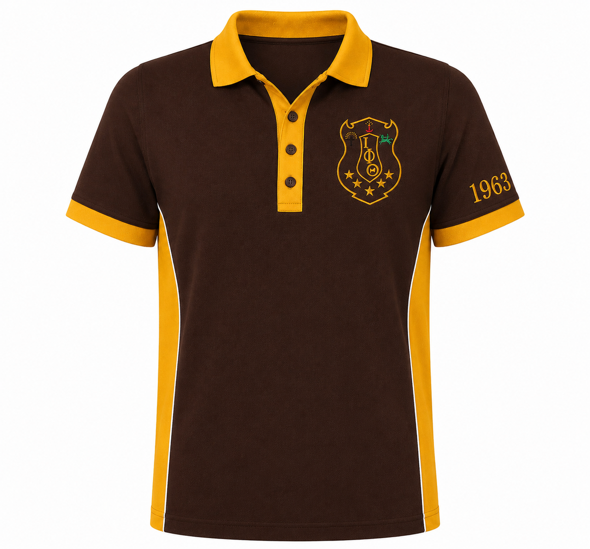 Iota Phi Theta brown and gold panel polo product view with crest and 1963 embroidery