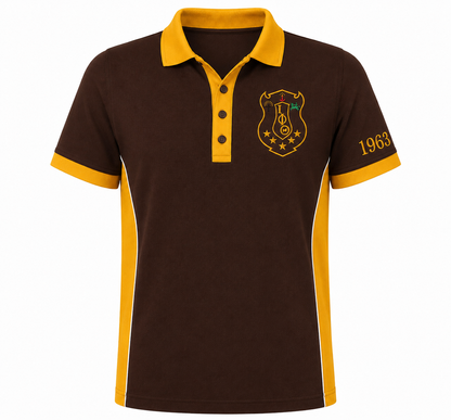 Iota Phi Theta brown and gold panel polo product view with crest and 1963 embroidery