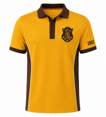 Iota Phi Theta gold and brown panel polo product view with crest and 1963 embroidery