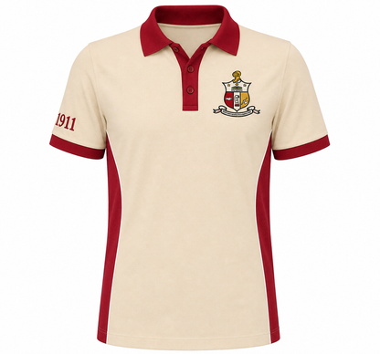 Kappa Alpha Psi cream and crimson panel polo product view with crest and 1911 embroidery