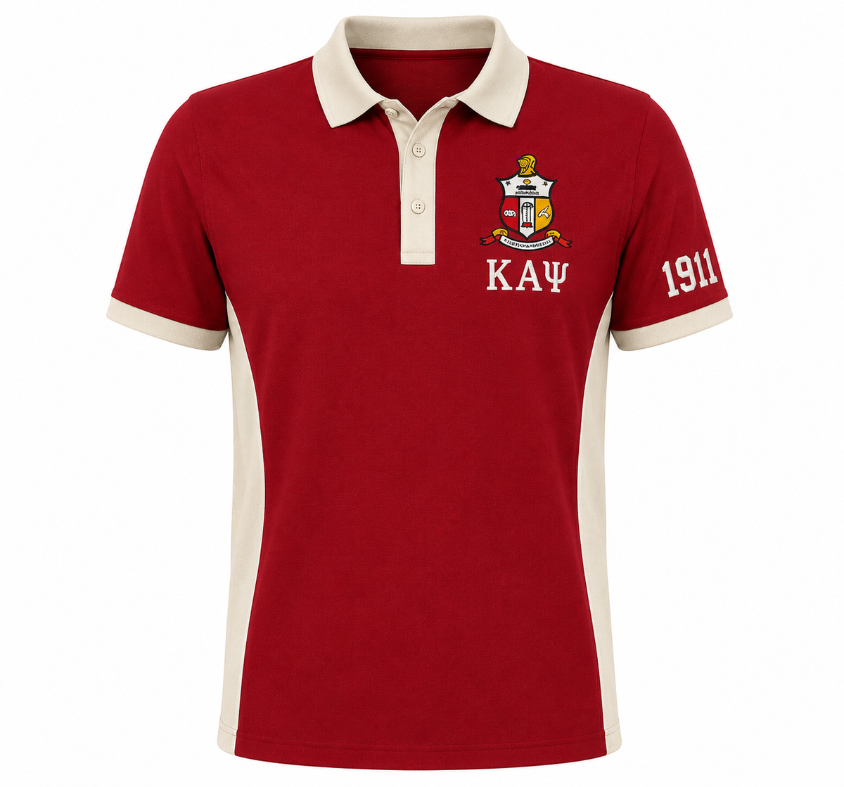 Kappa Alpha Psi crimson and cream panel polo product view with crest, Greek letters, and 1911 embroidery