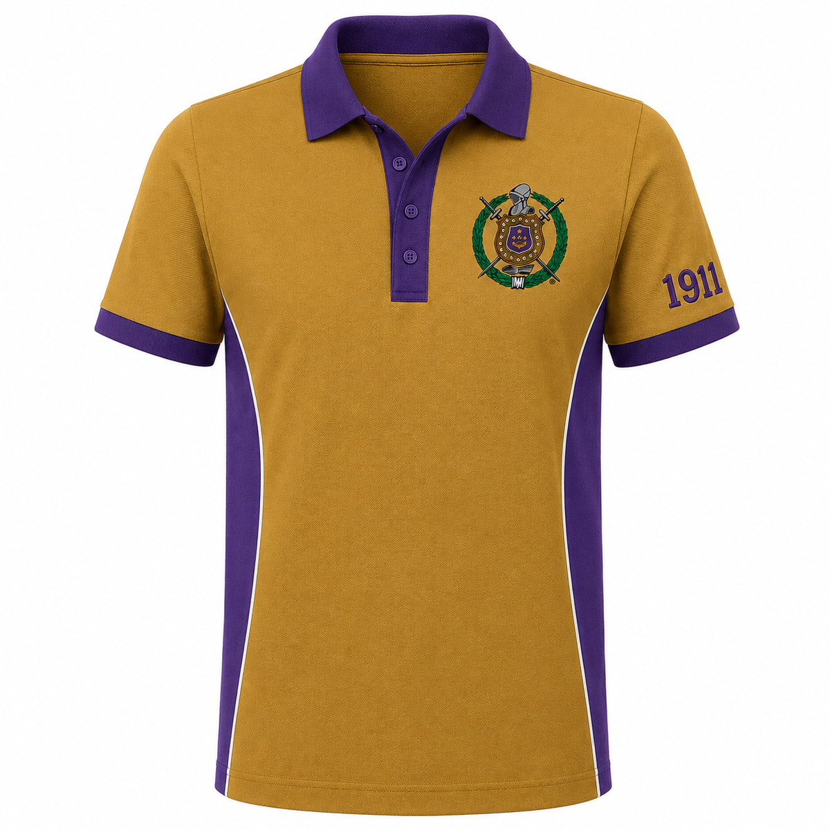 Omega Psi Phi old gold and royal purple panel polo product view with crest and 1911 embroidery