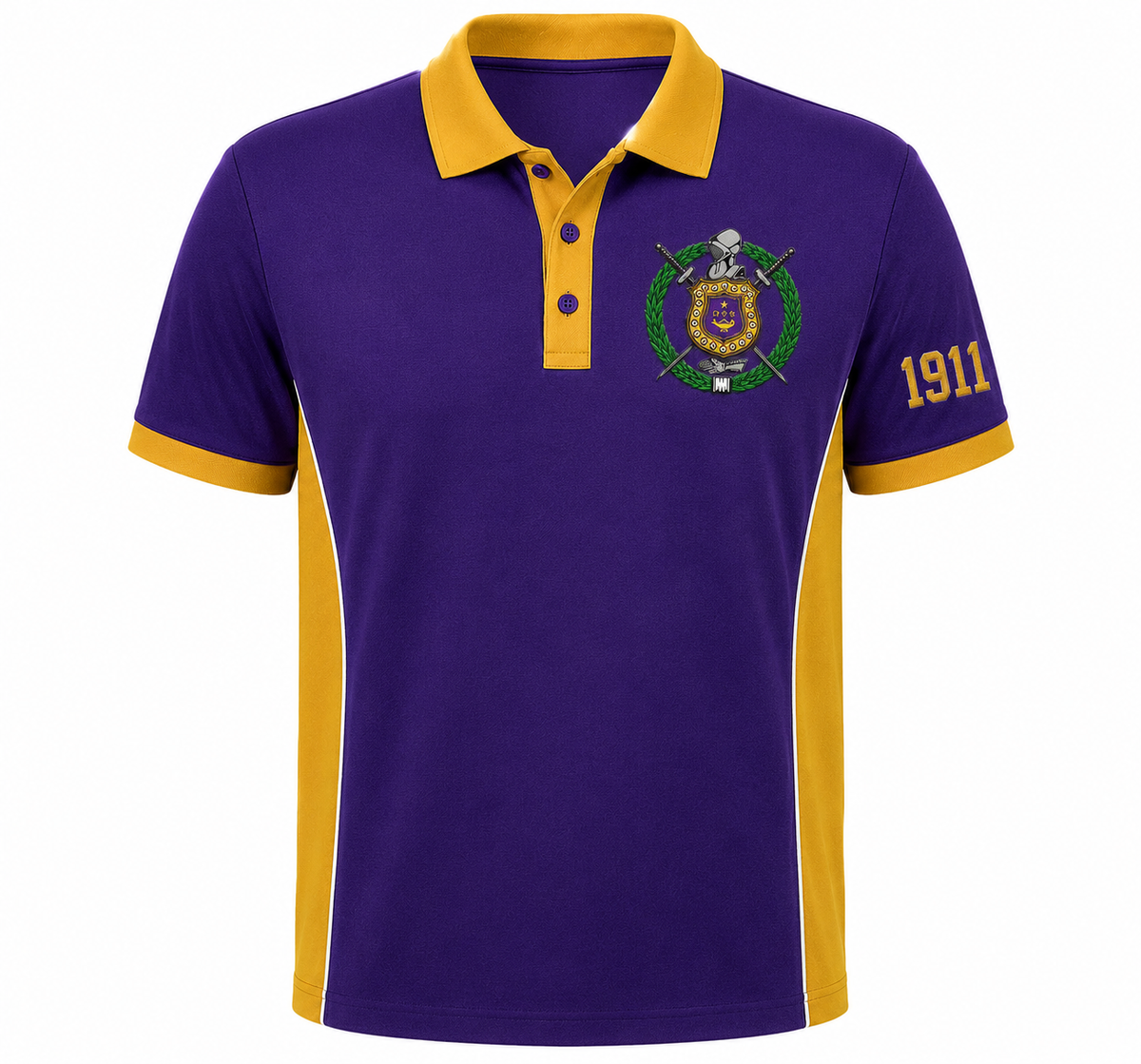 Omega Psi Phi royal purple and old gold panel polo product view with crest and 1911 embroidery