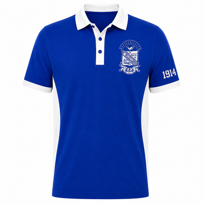 Phi Beta Sigma royal blue and pure white panel polo product view with crest and 1914 embroidery