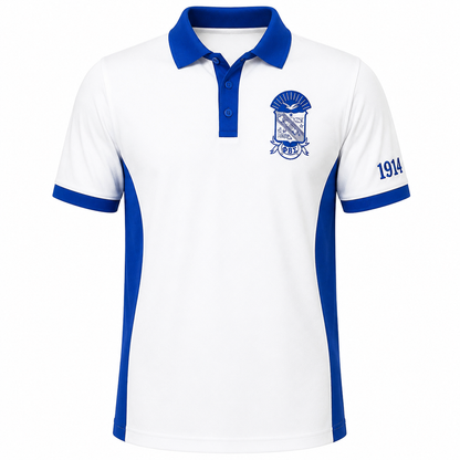 Phi Beta Sigma pure white and royal blue panel polo product view with crest and 1914 embroidery