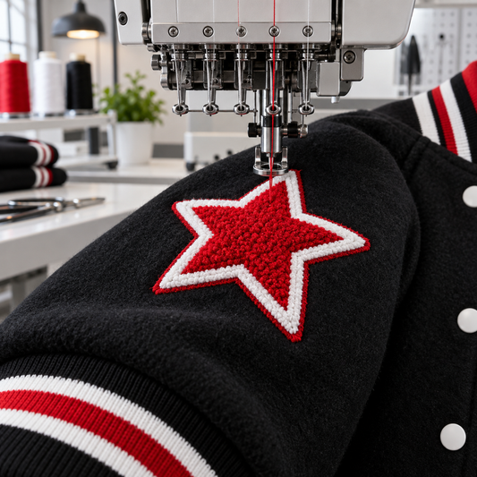 Embroidery machine sewing a red star patch onto a black letterman jacket sleeve