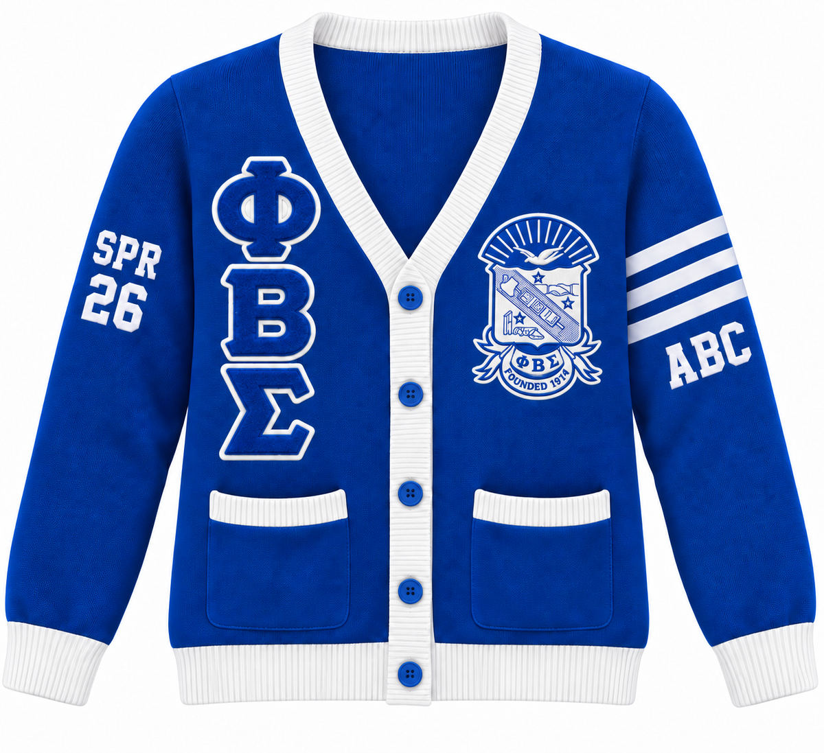 Phi Beta Sigma royal blue and white cardigan with crest, stacked letters and sleeve embroidery