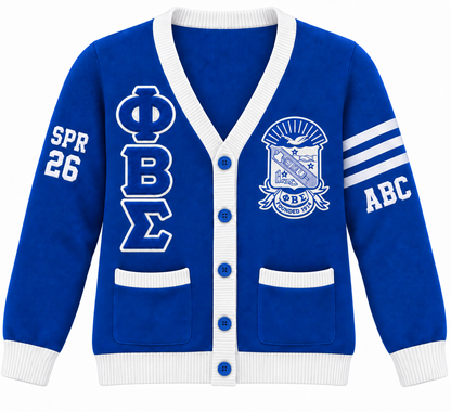 Phi Beta Sigma royal blue and white cardigan with crest, stacked letters and sleeve embroidery