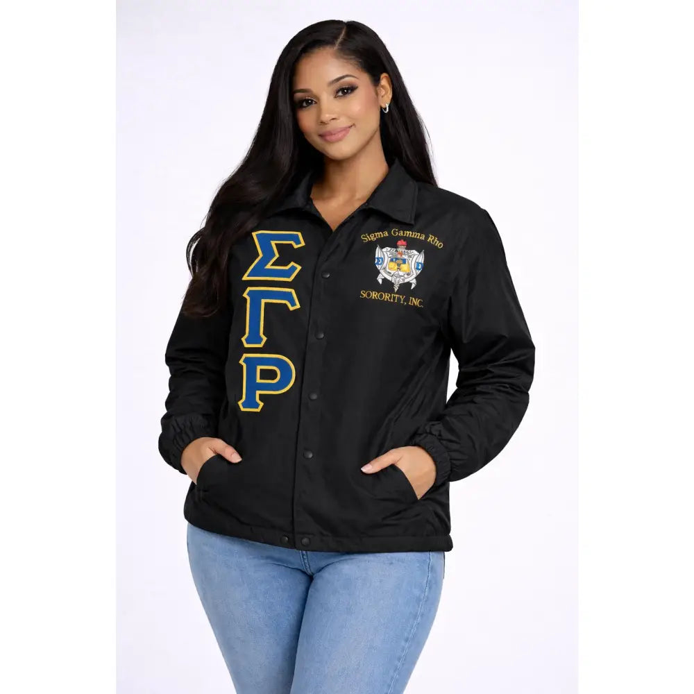 Black / Red Sigma Gamma Rho Coach Line Jacket with personalized front, back, and sleeve embroidery