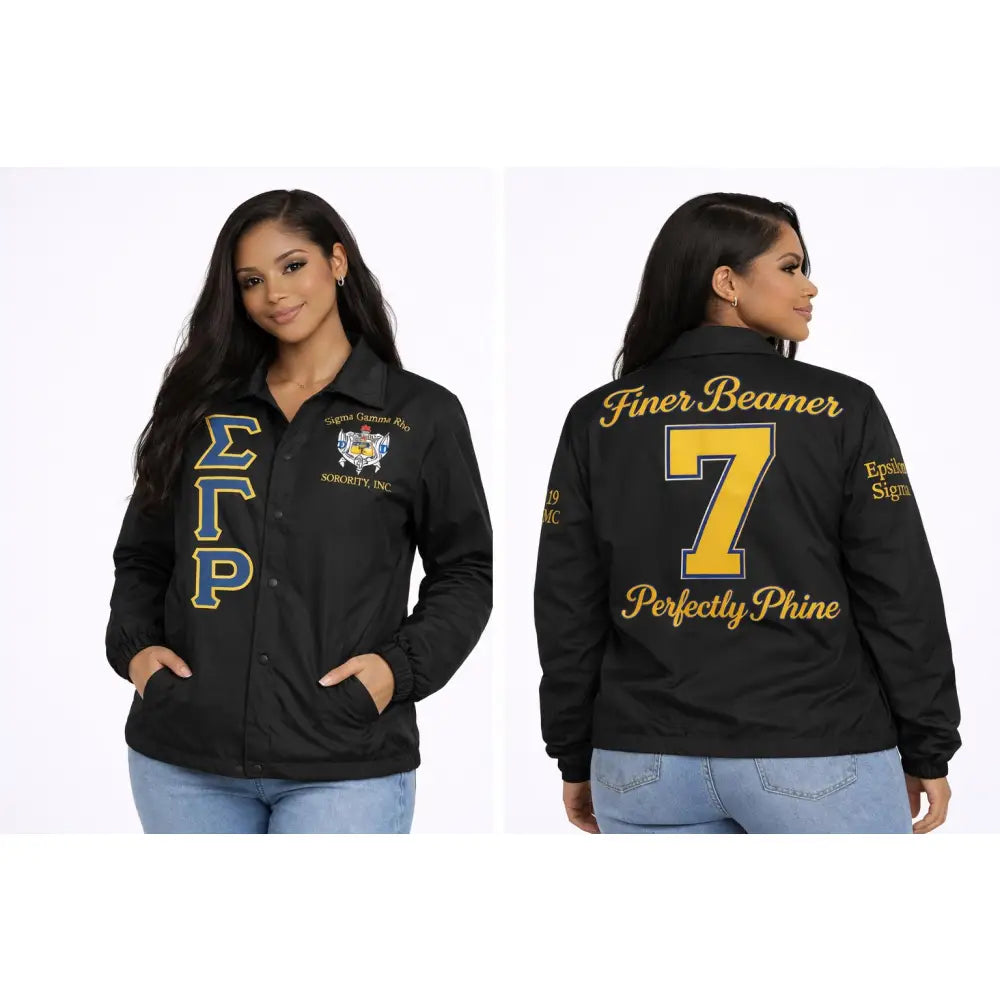 Black / Red Sigma Gamma Rho Coach Line Jacket with personalized front, back, and sleeve embroidery