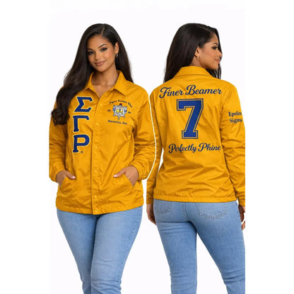 Gold Sigma Gamma Rho Coach Line Jacket with personalized front, back, and sleeve embroidery