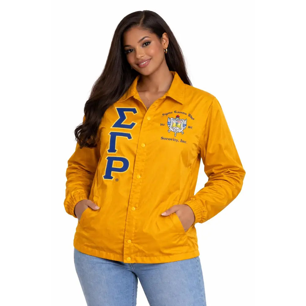 Gold / Red Sigma Gamma Rho Coach Line Jacket with personalized front, back, and sleeve embroidery