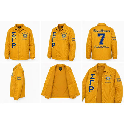 Gold Sigma Gamma Rho Coach Line Jacket with personalized front, back, and sleeve embroidery