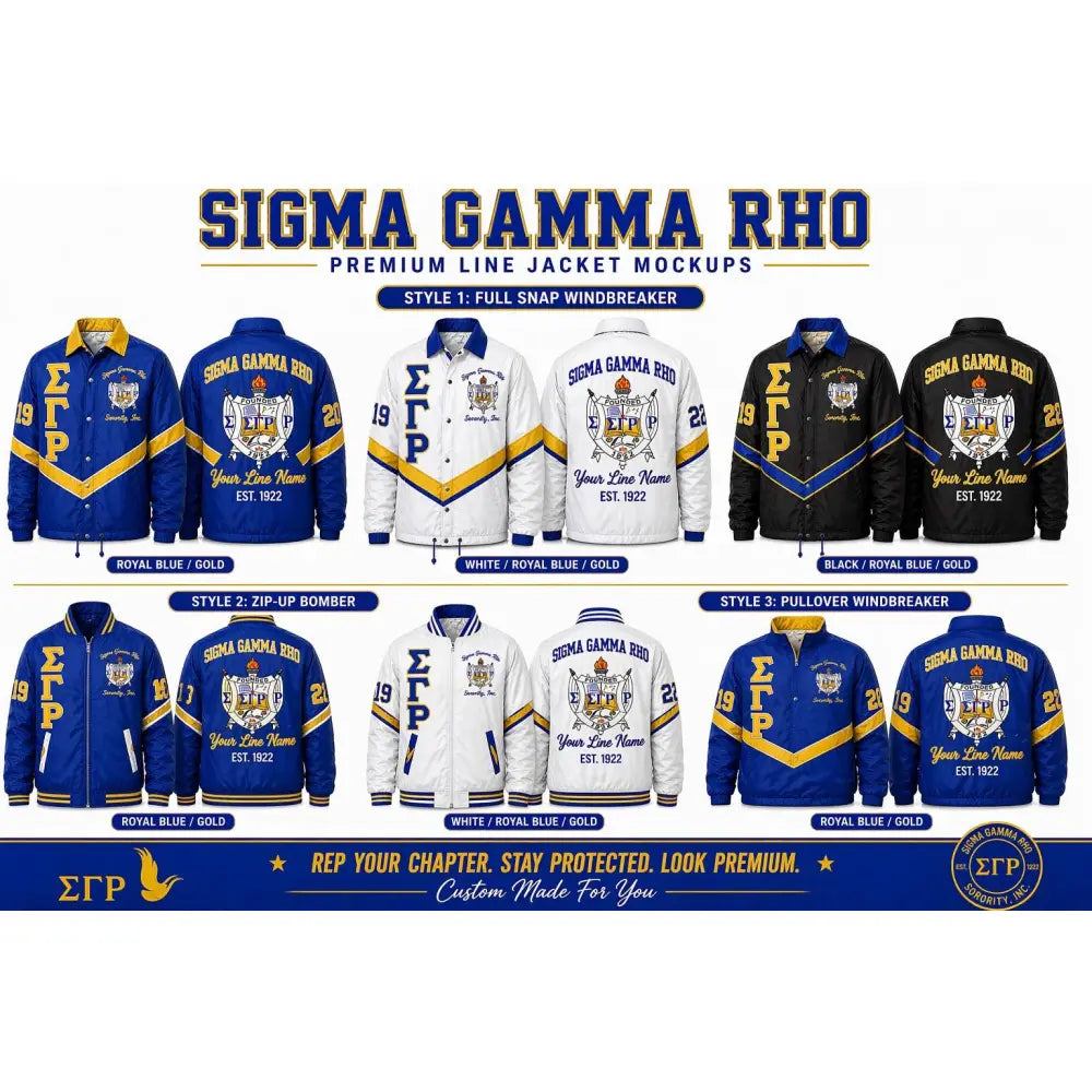 Royal Blue / Gold Sigma Gamma Rho Custom Line Jacket with personalized front, back, and sleeve embroidery