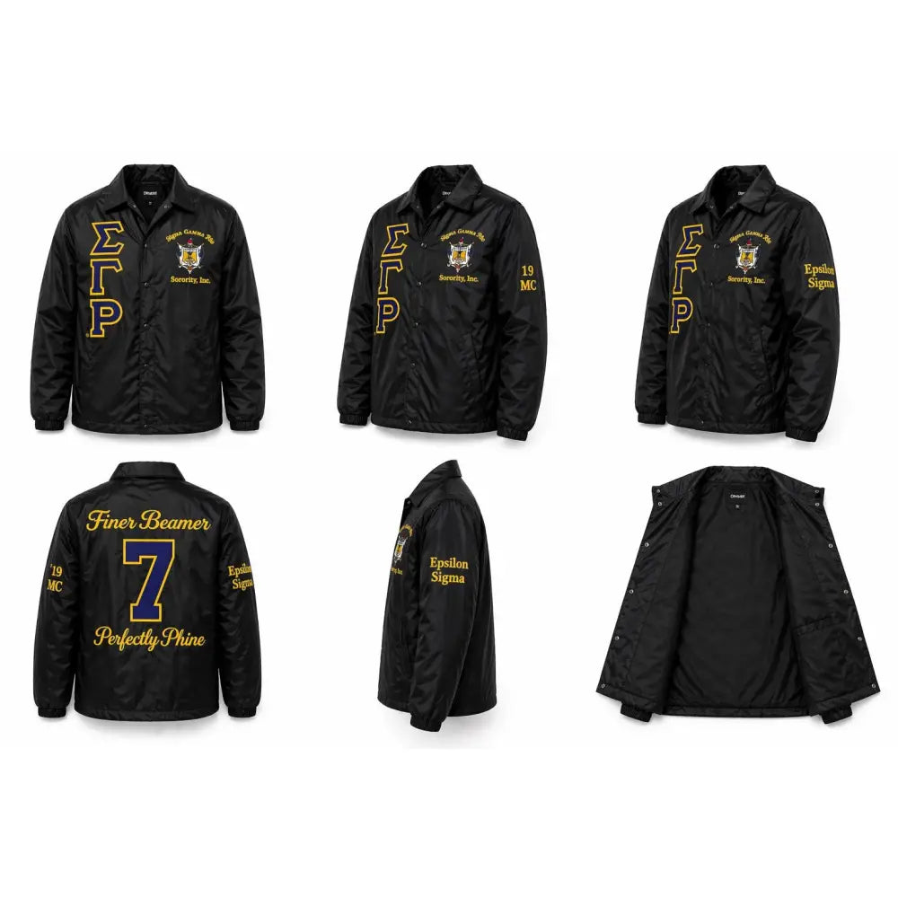 Royal Blue / Gold Sigma Gamma Rho Custom Line Jacket with personalized front, back, and sleeve embroidery