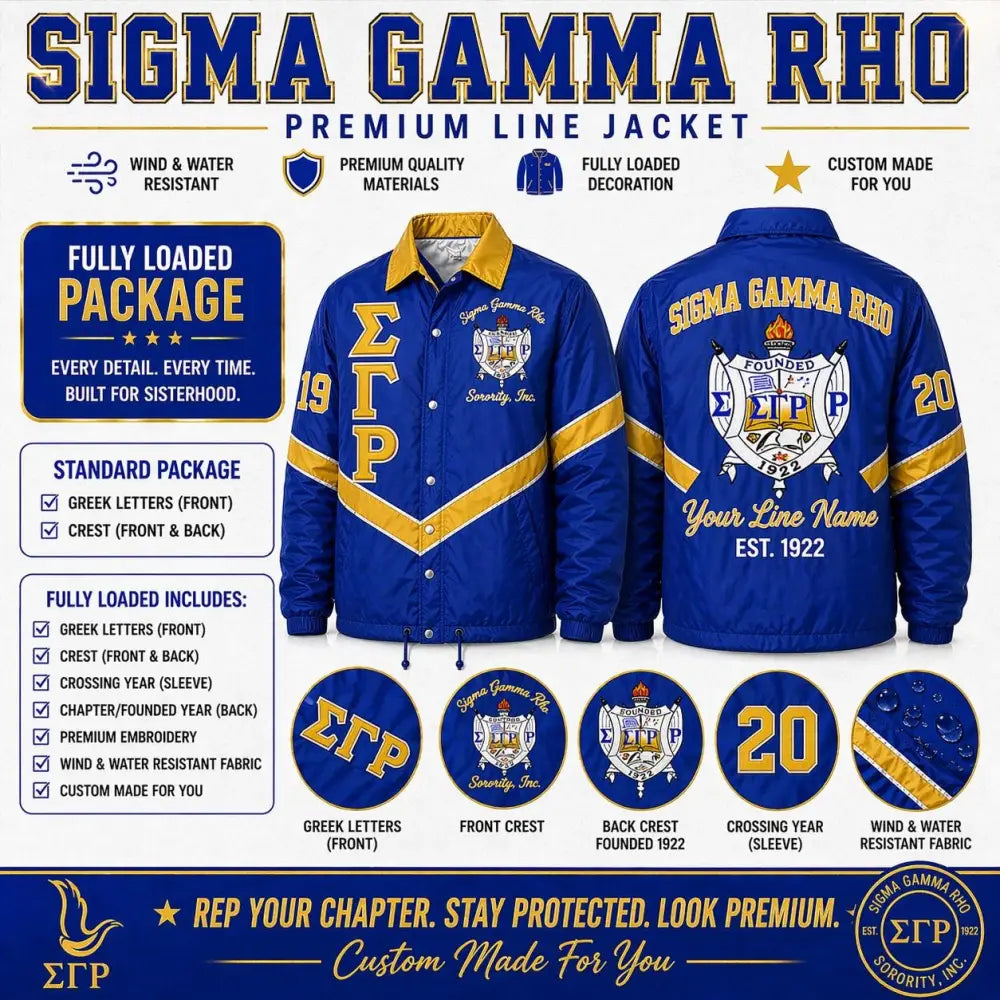 Royal Blue / Gold Sigma Gamma Rho Custom Line Jacket with personalized front, back, and sleeve embroidery