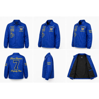 Sigma Gamma Rho Coach Line Jacket with personalized front, back, and sleeve embroidery