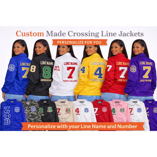 Red Sigma Gamma Rho Coach Line Jacket with personalized front, back, and sleeve embroidery
