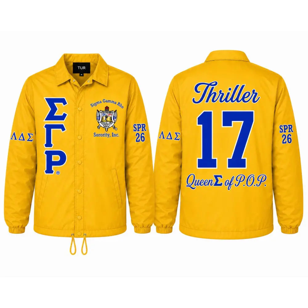 Sigma Gamma Rho Coach Line Jacket with personalized front, back, and sleeve embroidery