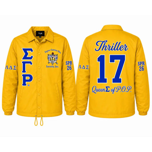 Sigma Gamma Rho Coach Line Jacket with personalized front, back, and sleeve embroidery