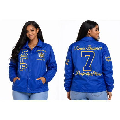 Sigma Gamma Rho Coach Line Jacket with personalized front, back, and sleeve embroidery