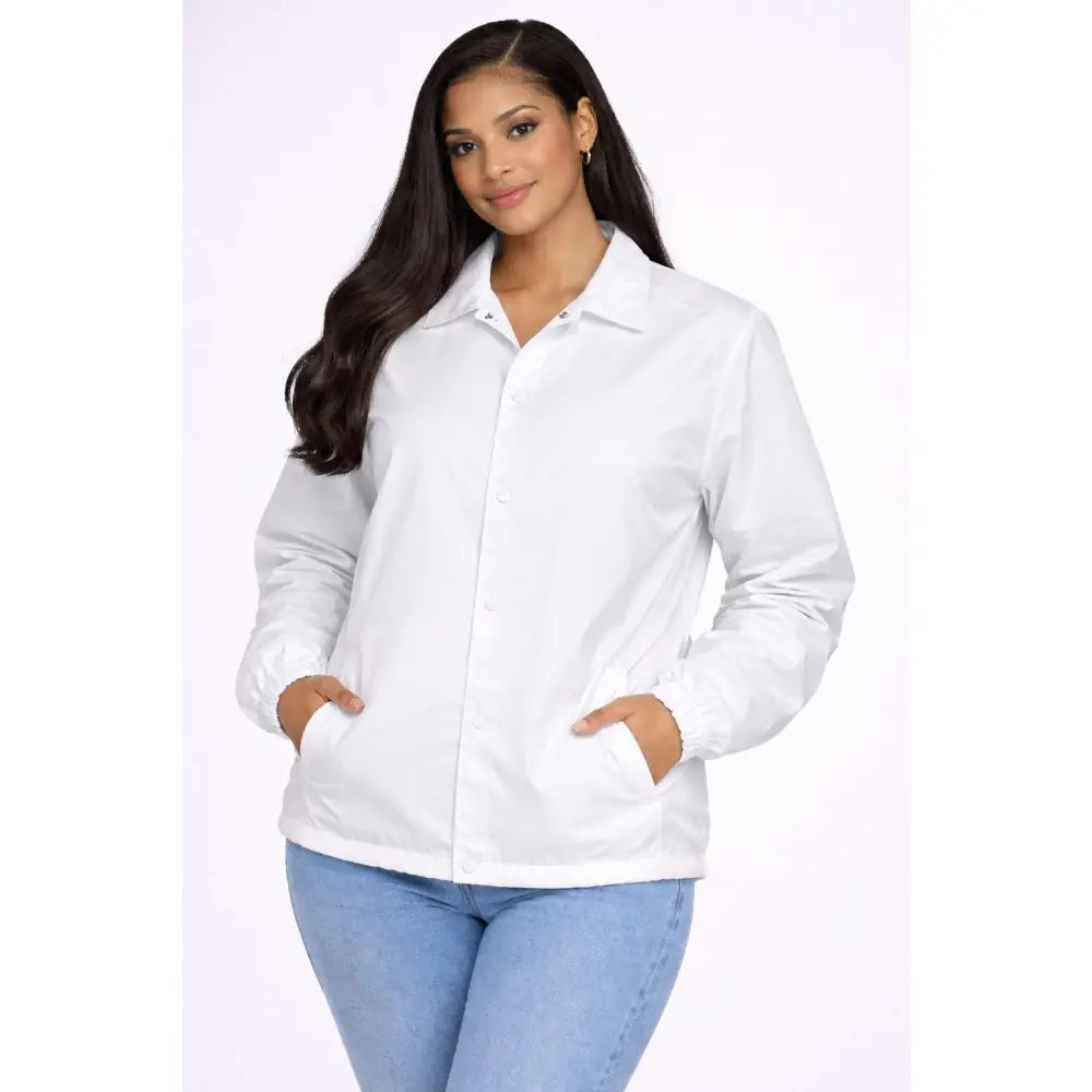White / Red Sigma Gamma Rho Coach Line Jacket with personalized front, back, and sleeve embroidery