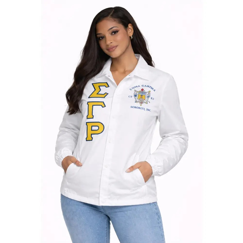 White / Red Sigma Gamma Rho Coach Line Jacket with personalized front, back, and sleeve embroidery
