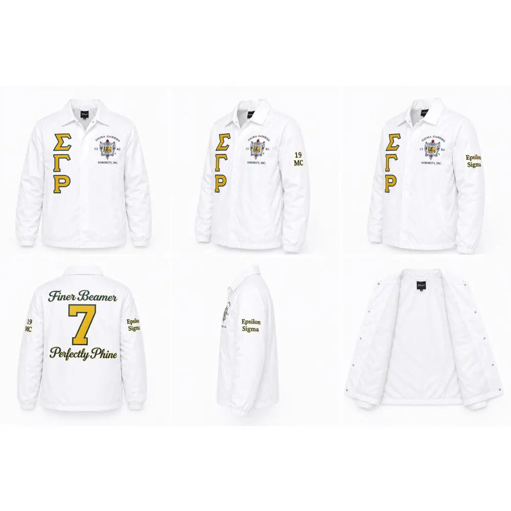 White / Red Sigma Gamma Rho Coach Line Jacket with personalized front, back, and sleeve embroidery