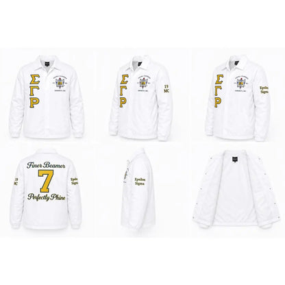 White / Red Sigma Gamma Rho Coach Line Jacket with personalized front, back, and sleeve embroidery