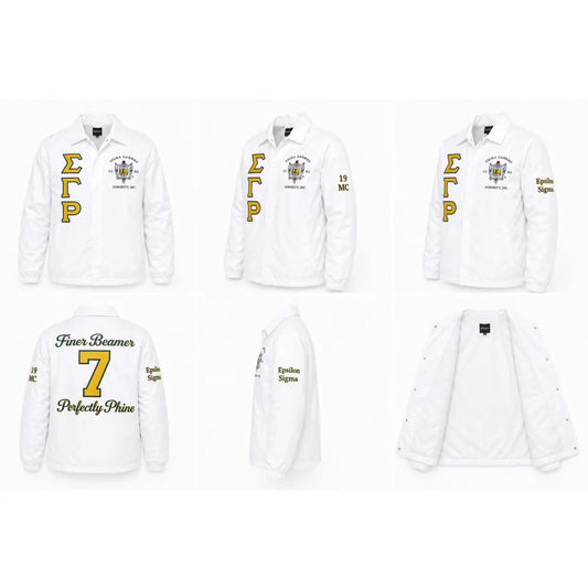 White / Red Sigma Gamma Rho Coach Line Jacket with personalized front, back, and sleeve embroidery