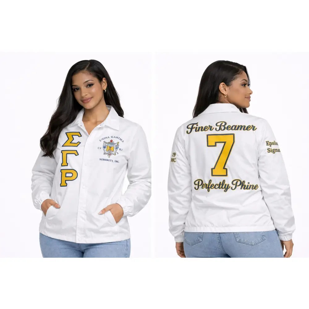 White / Red Sigma Gamma Rho Coach Line Jacket with personalized front, back, and sleeve embroidery