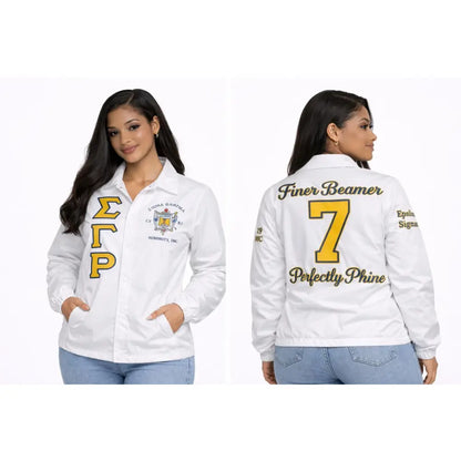 White / Red Sigma Gamma Rho Coach Line Jacket with personalized front, back, and sleeve embroidery