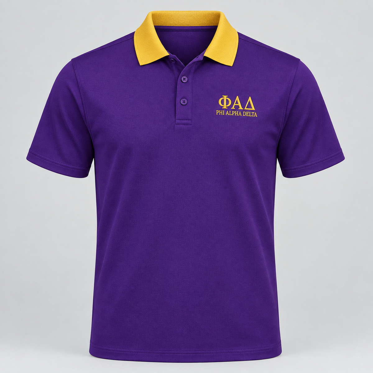 Phi Alpha Delta purple polo with gold contrast collar and left-chest embroidery