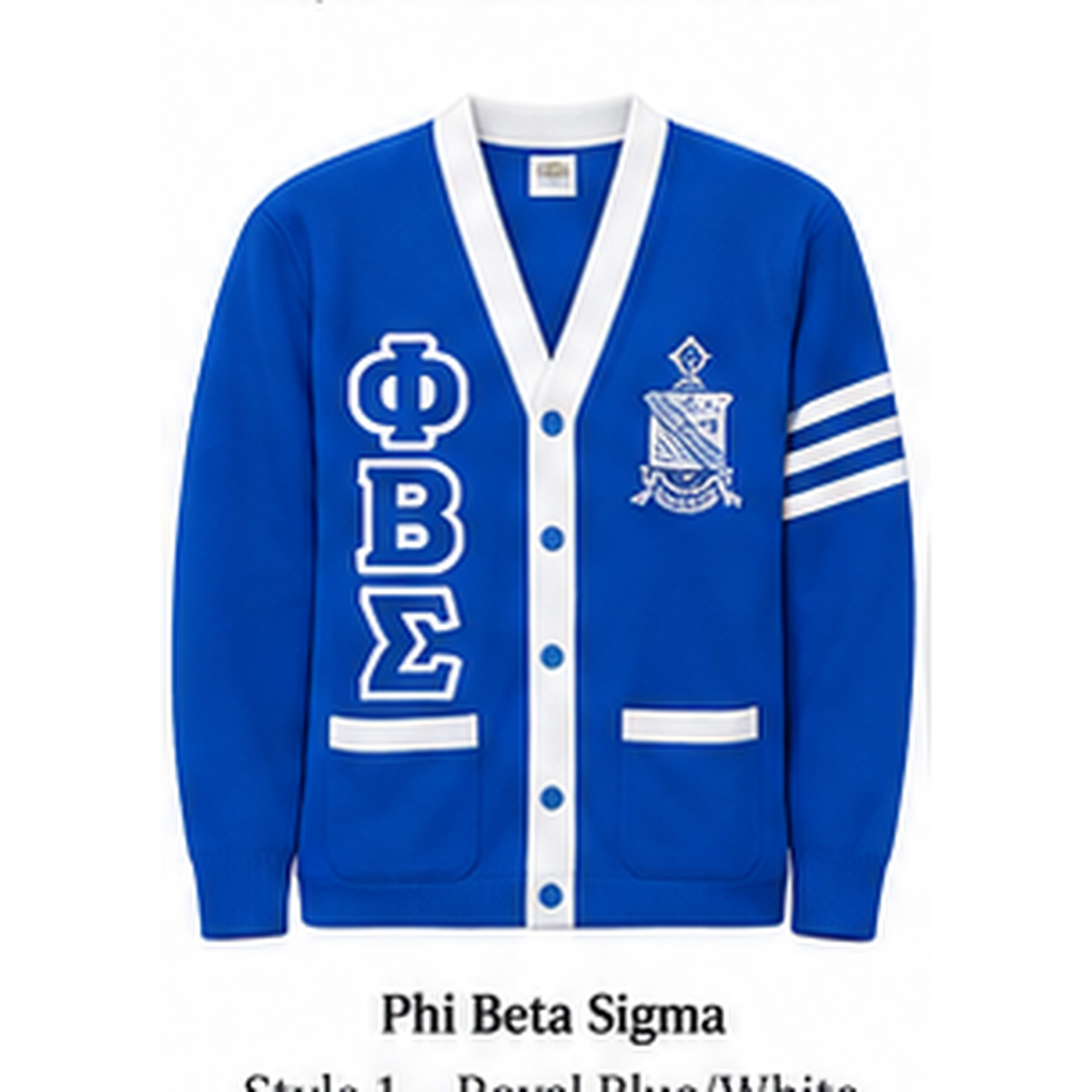Phi Beta Sigma royal blue cardigan with white trim, stacked Greek letters and crest