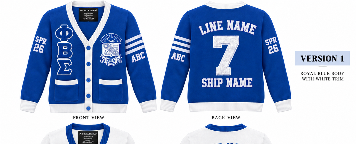 Phi Beta Sigma royal blue and white cardigan shown front and back with sample line personalization
