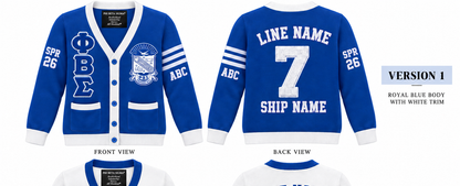 Phi Beta Sigma royal blue and white cardigan shown front and back with sample line personalization
