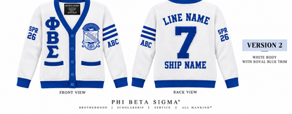 Phi Beta Sigma white and royal blue cardigan shown front and back with sample line personalization
