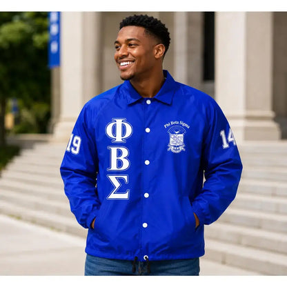 Royal Blue / Red Phi Beta Sigma Coach Line Jacket with personalized front, back, and sleeve embroidery