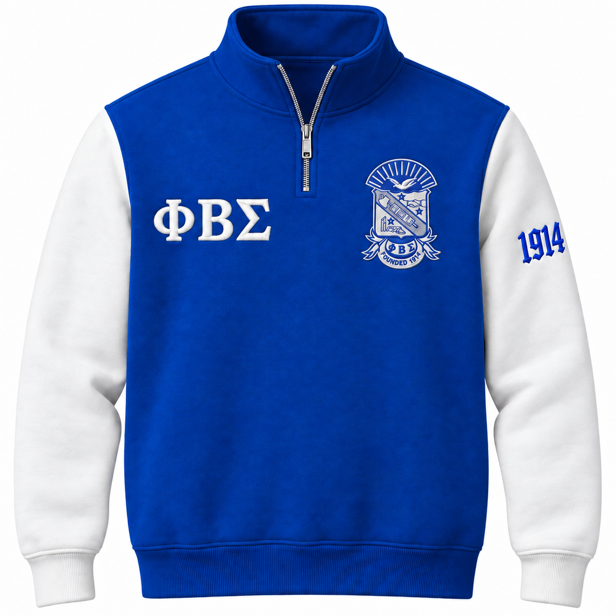 Phi Beta Sigma royal blue and white quarter-zip front with Greek letters, crest, and sleeve year