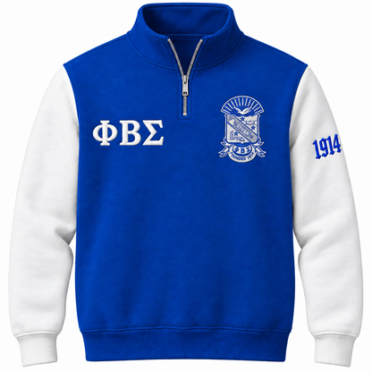 Phi Beta Sigma royal blue and white quarter-zip front with Greek letters, crest, and sleeve year