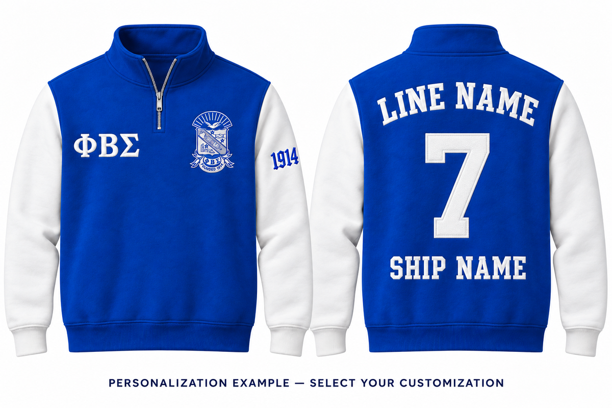 Phi Beta Sigma royal blue and white quarter-zip front and back personalization example