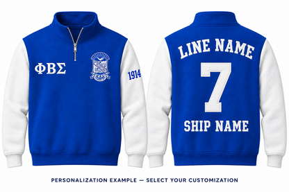 Phi Beta Sigma royal blue and white quarter-zip front and back personalization example