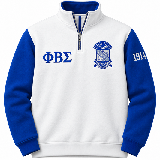 Phi Beta Sigma white and royal blue quarter-zip front with Greek letters, crest, and sleeve year